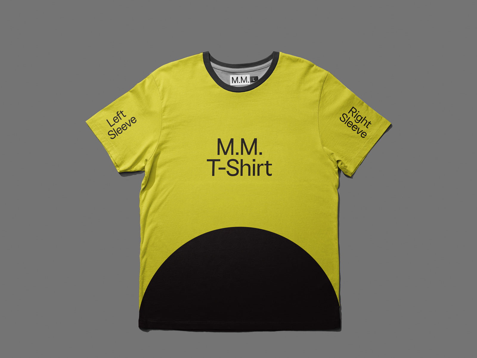 PSD mockup of a yellow and black T-shirt with "M.M. T-Shirt" text on the front, labeled "Left Sleeve" and "Right Sleeve" for customization options.