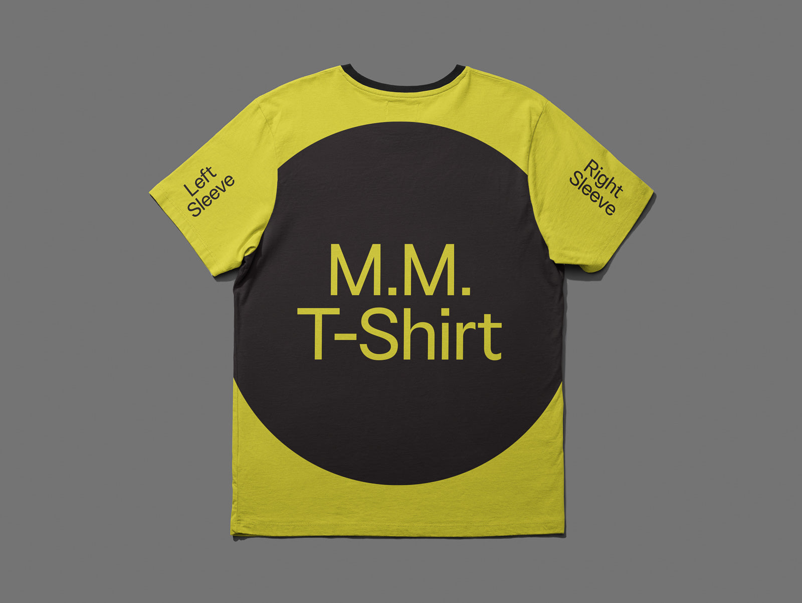PSD mockup of a T-shirt with yellow sleeves and a black circular design on the back, featuring "M.M. T-Shirt" text, and "Left Sleeve" and "Right Sleeve" labels.