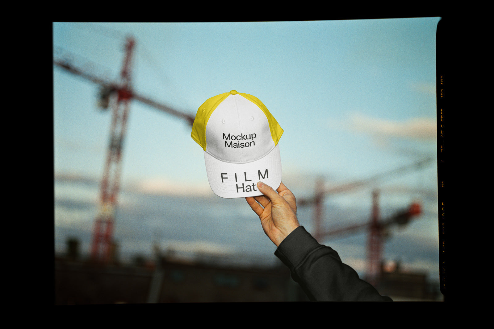 PSD mockup of a yellow and white baseball cap with "Mockup Maison" and "FILM Hat" text, held up against a blurred construction crane background.
