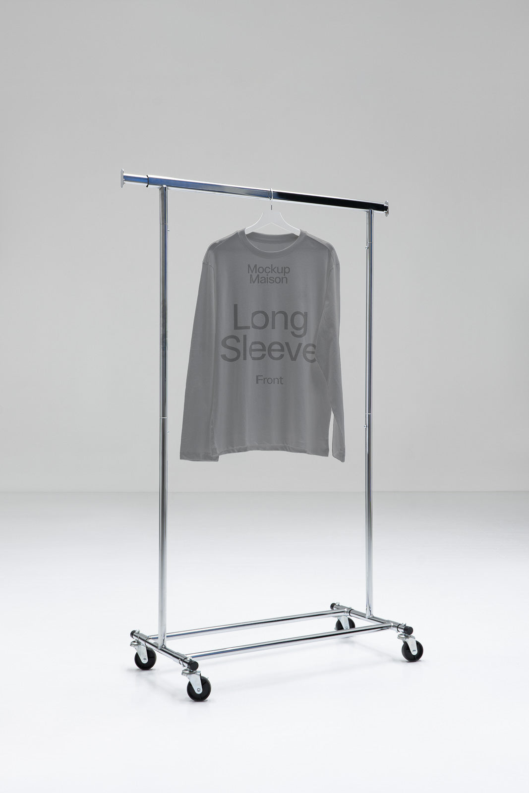 PSD mockup of a long sleeve shirt on a hanger, placed on a metal clothing rack with wheels in a minimalistic studio setting.