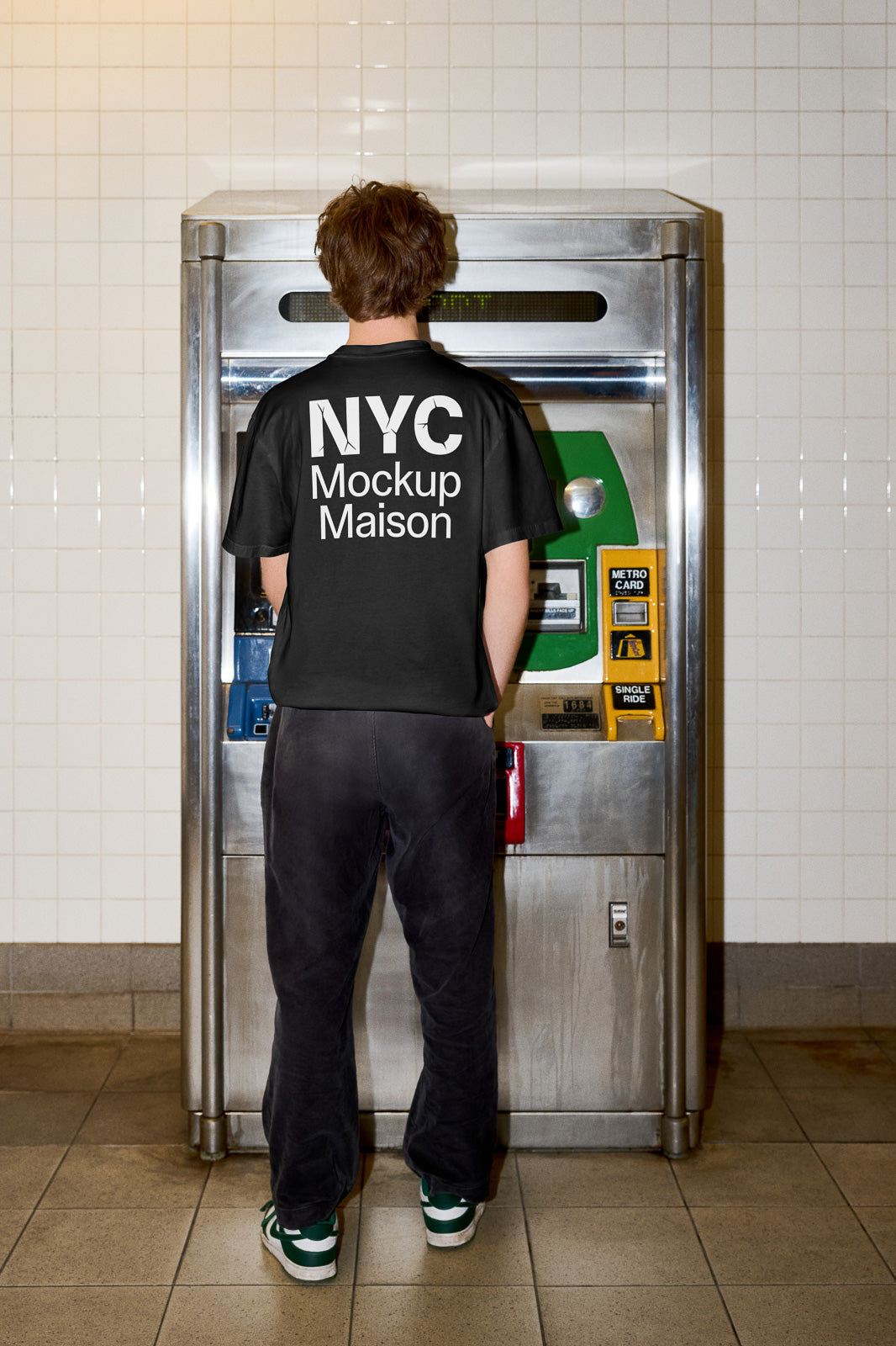 PSD mockup of a person standing at a subway ticket machine, wearing a black T-shirt with "NYC Mockup Maison" text on the back.