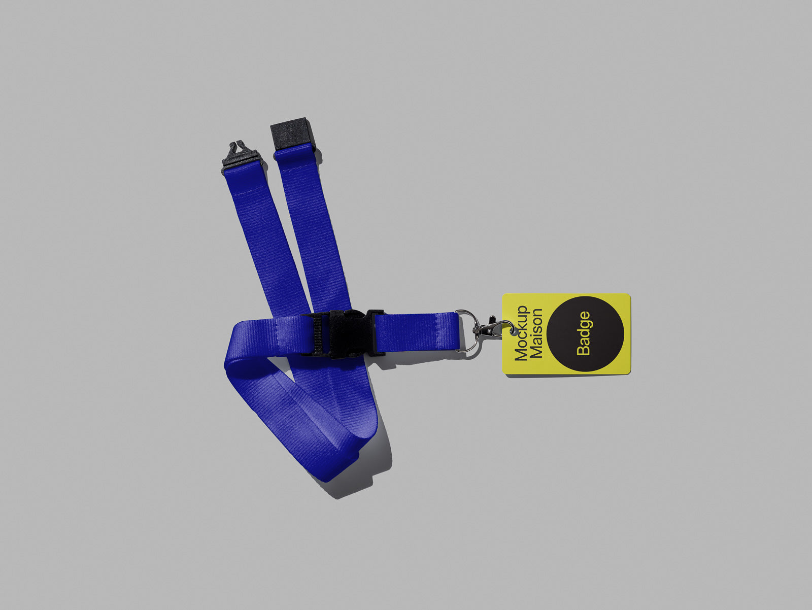 PSD mockup of a blue lanyard with a yellow badge attached, set against a light gray background.
