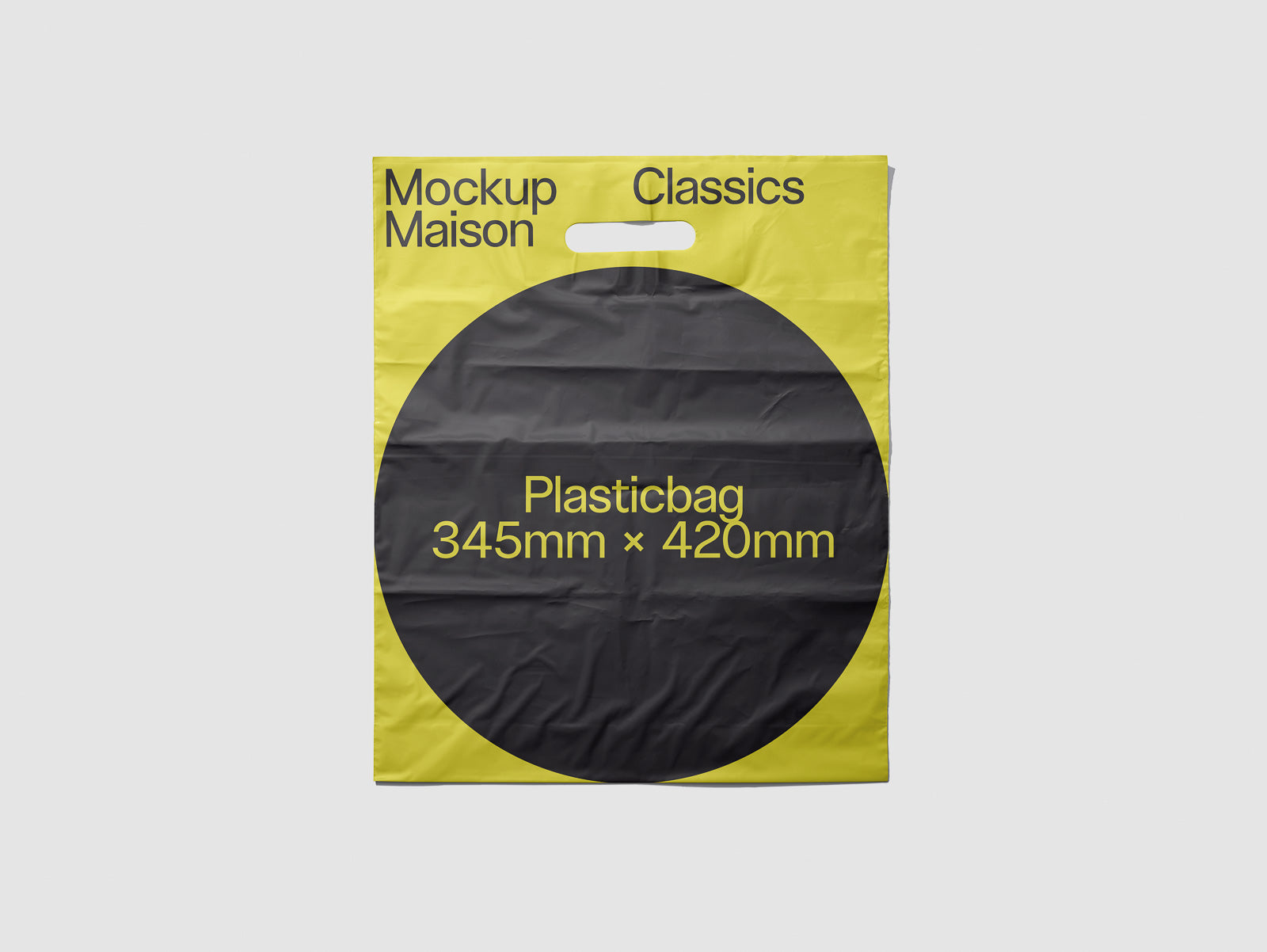 PSD mockup of a yellow and black plastic bag featuring text "Mockup Maison Classics" and "Plasticbag 345mm x 420mm" with a cut-out handle.
