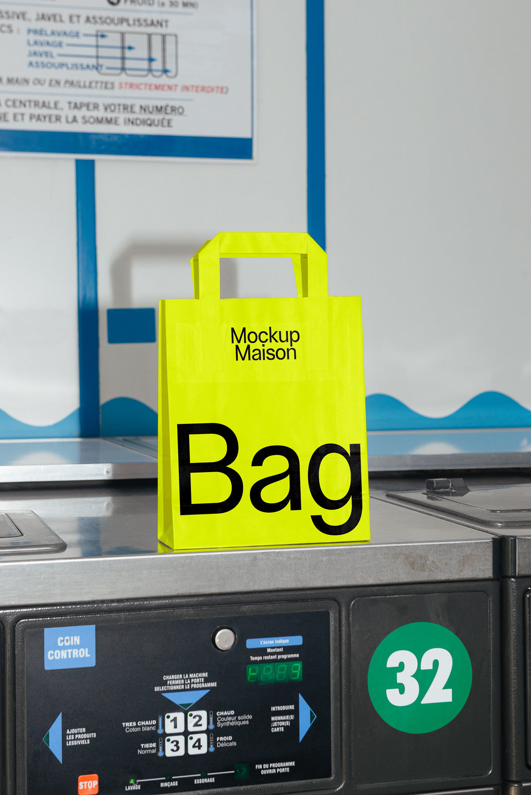 PSD mockup of a bright yellow shopping bag with "Mockup Maison" and "Bag" printed in bold black text, placed on top of a laundromat washing machine.