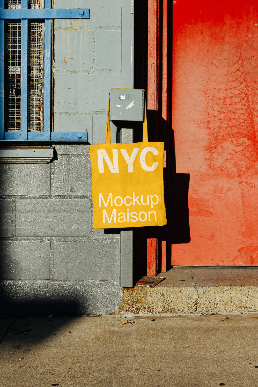 PSD mockup of a yellow tote bag with "NYC Mockup Maison" text, hanging on a gray-painted brick wall next to a red wooden door in urban sunlight.