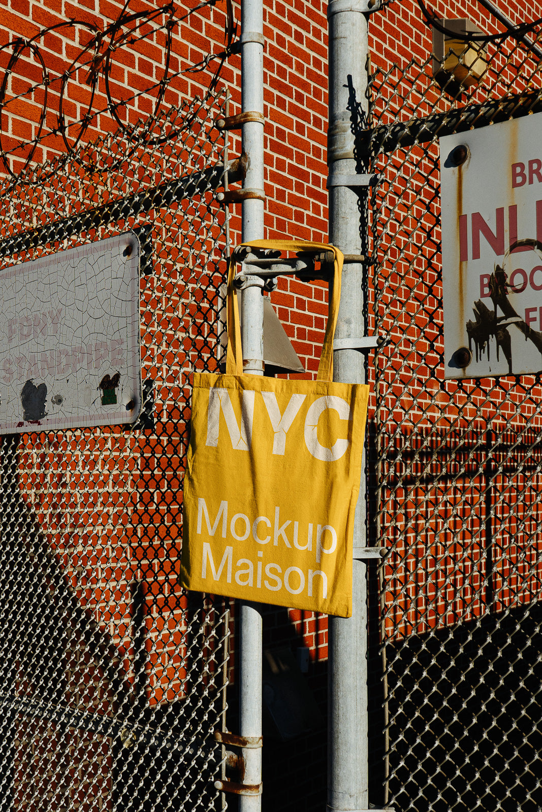 PSD mockup of a yellow tote bag with "NYC Mockup Maison" text, hanging on a chain link fence with a red brick wall in the background.