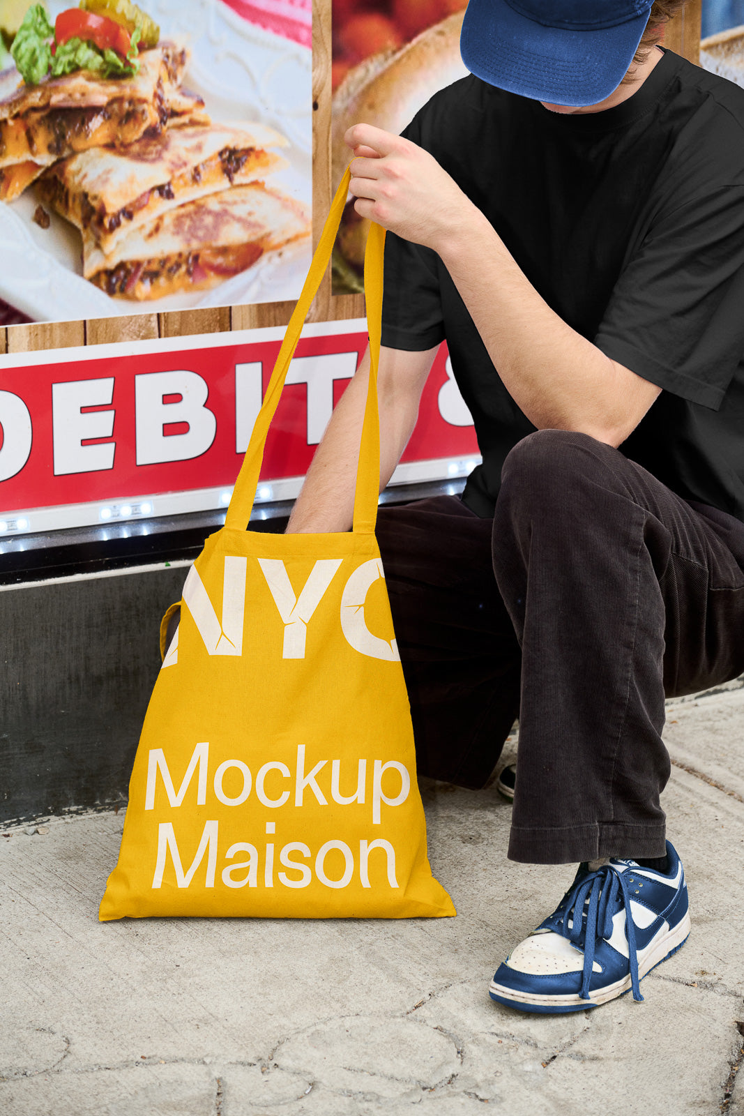 PSD mockup of a person holding a yellow tote bag with "NYC Mockup Maison" text, sitting on a sidewalk near a food poster display.