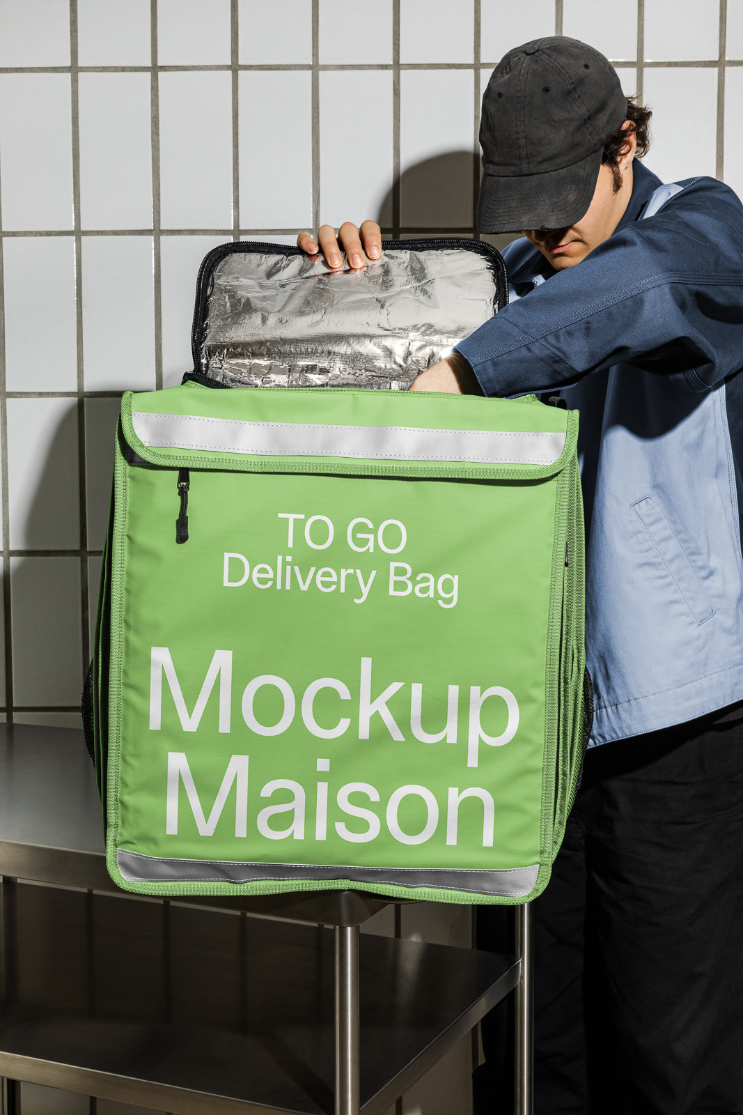 PSD mockup of a person opening a green insulated delivery bag labeled "Mockup Maison" and "TO GO Delivery Bag" in a tiled kitchen setting.