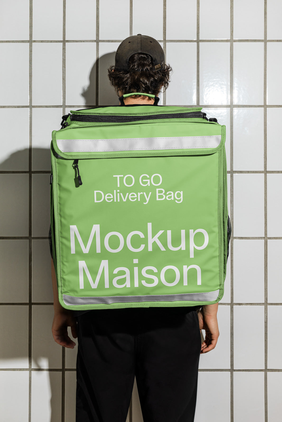 PSD mockup of a large green delivery bag with the text "TO GO Delivery Bag Mockup Maison" worn by a person against a tiled wall.