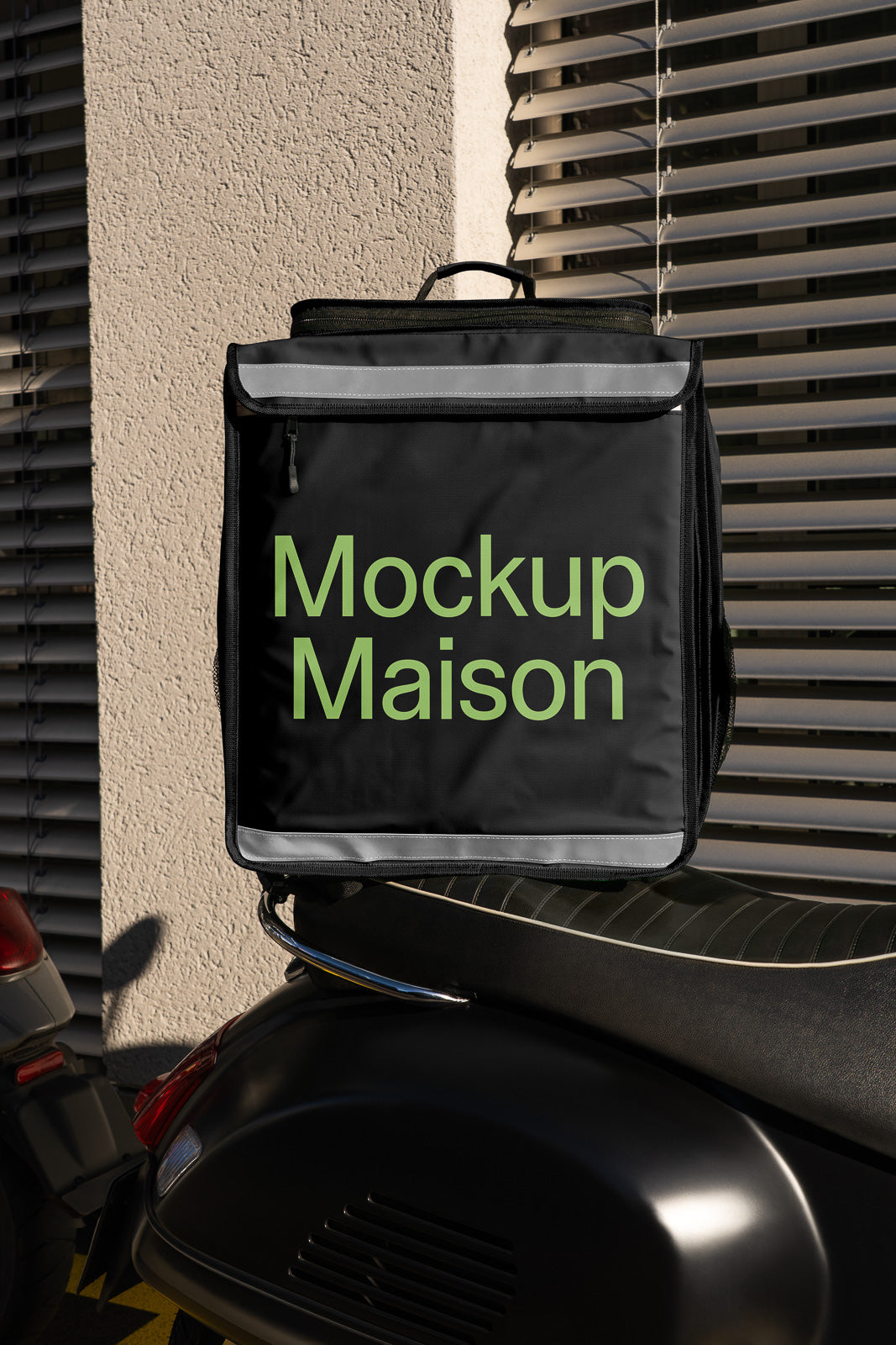 PSD mockup of a black delivery bag with "Mockup Maison" text, resting on a scooter against a textured wall and window blinds.
