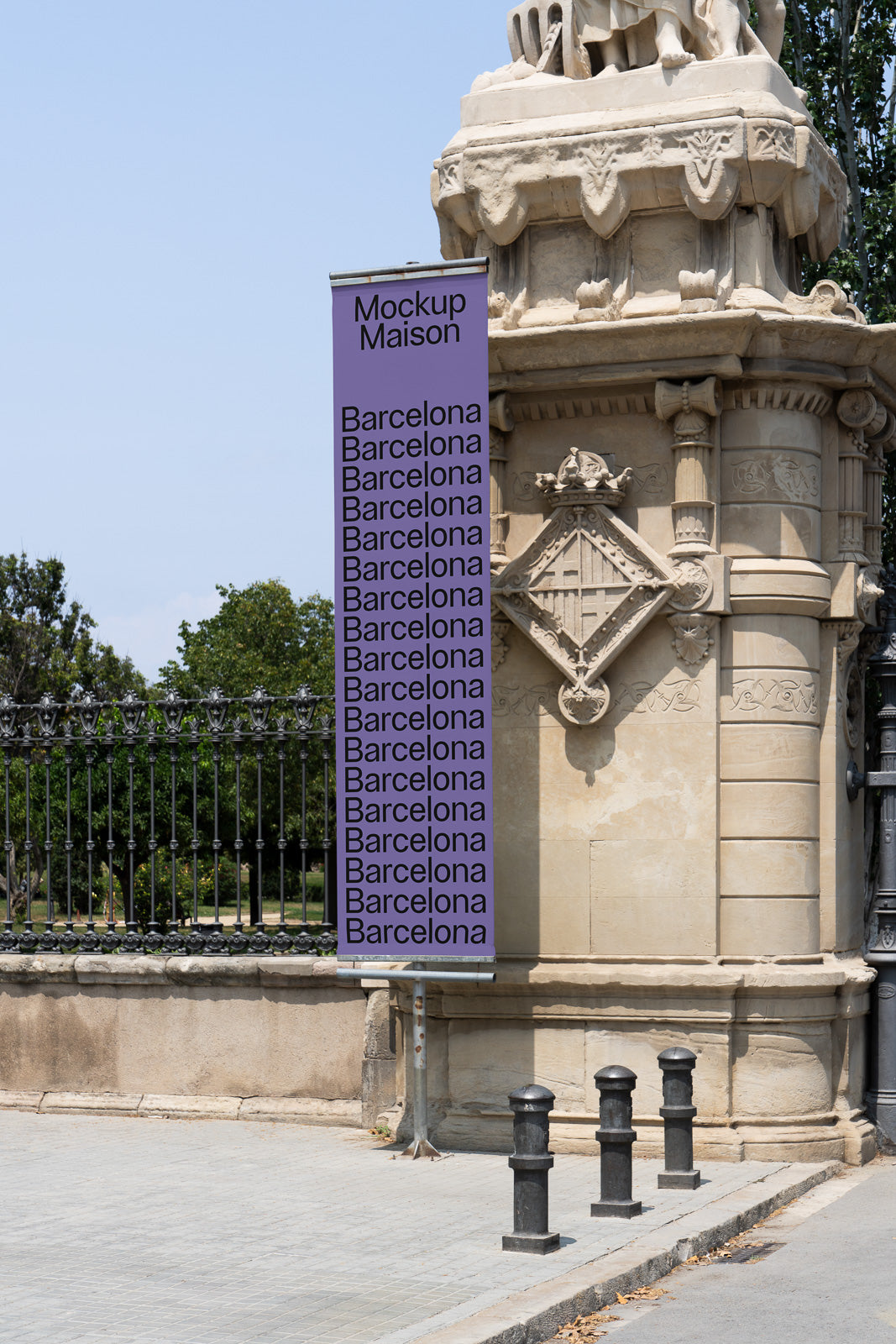 PSD mockup of a vertical banner displaying "Barcelona" multiple times in black on a purple background, attached to a historic stone structure.