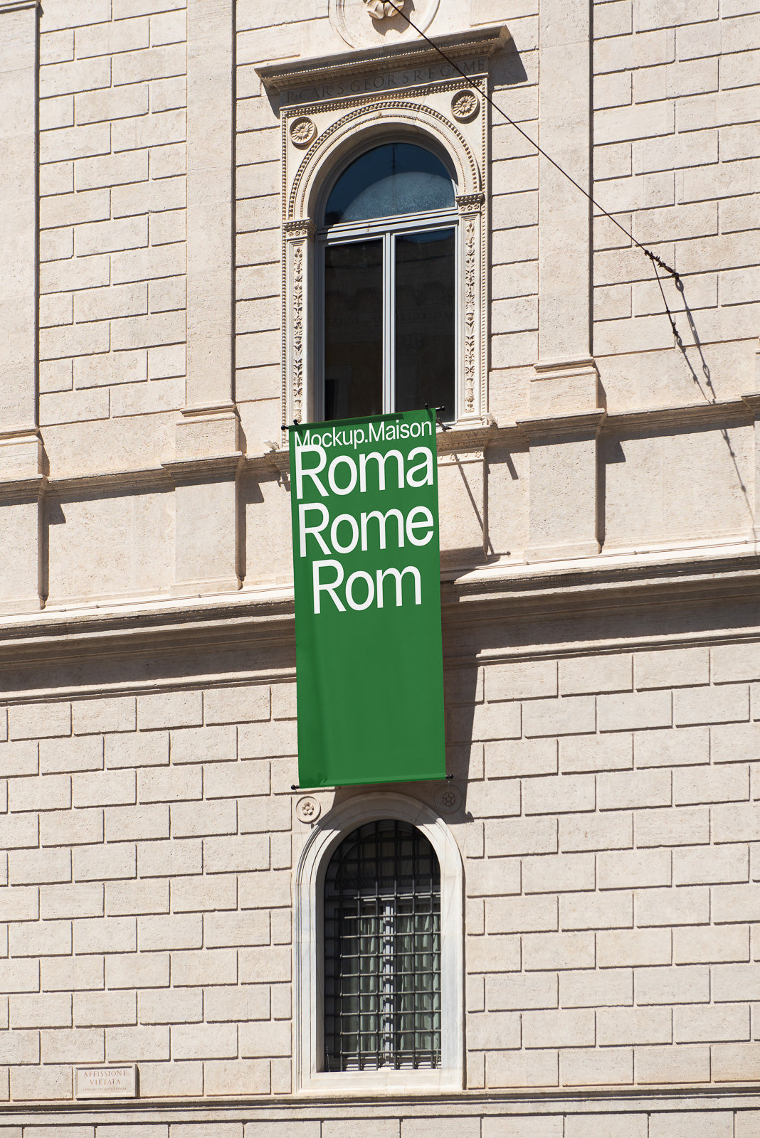 PSD mockup of a green banner hanging outside a classic stone building with arched windows, displaying the cities' names Roma, Rome, and Rom.