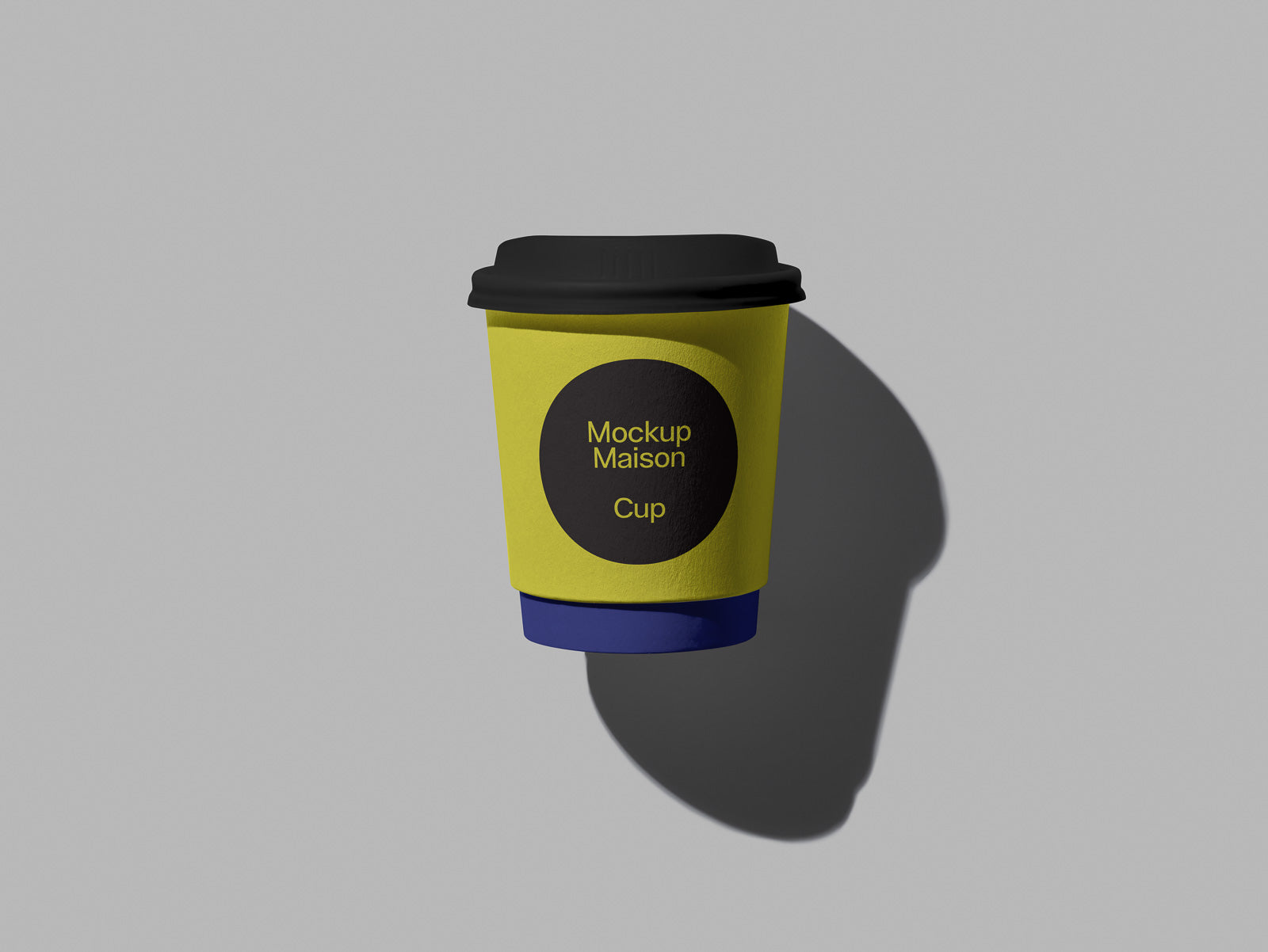 PSD mockup of a disposable coffee cup with a black lid, featuring a yellow sleeve and blue base, shadow cast on a gray background.