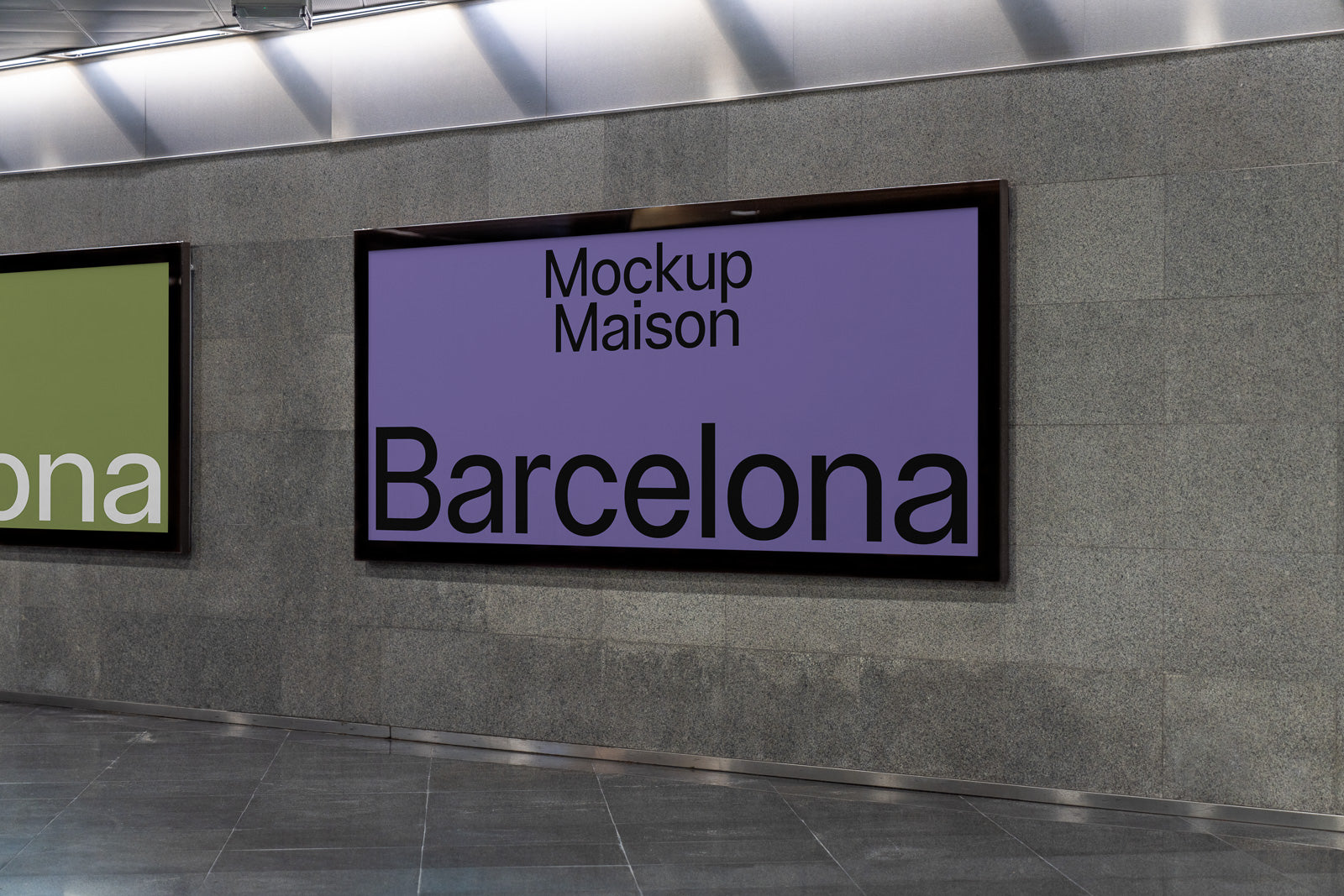 PSD mockup of a large rectangular wall-mounted purple display with black text reading "Mockup Maison" and "Barcelona".