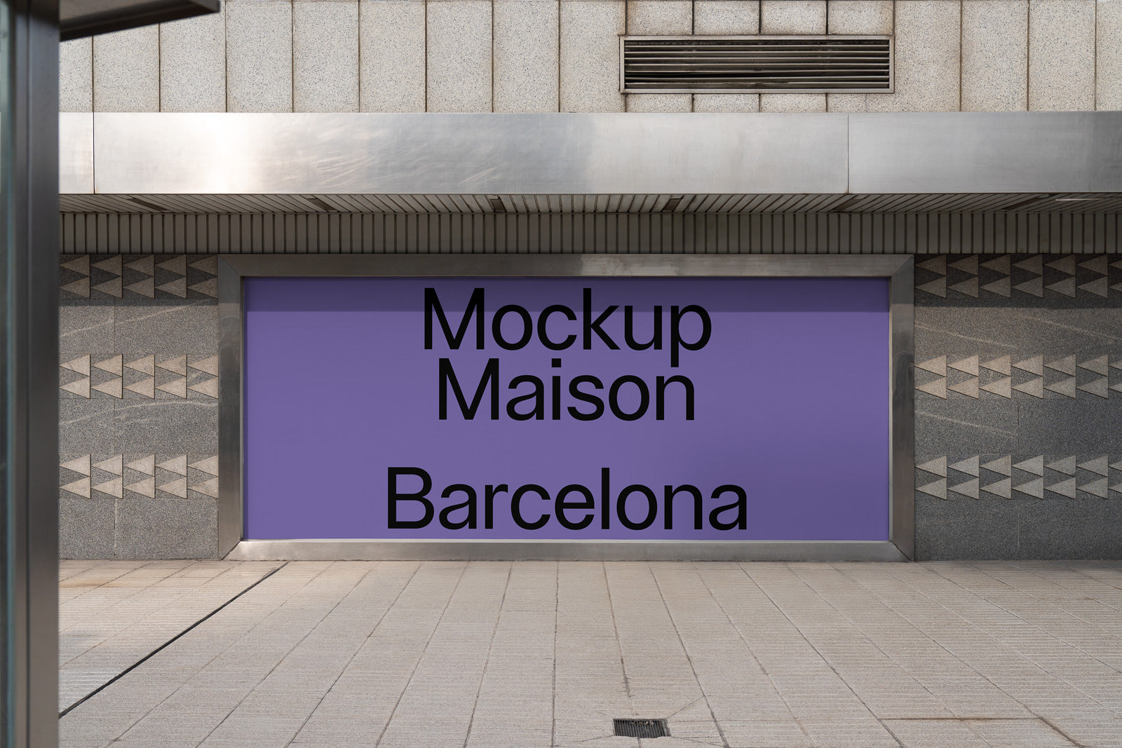 PSD mockup of a large outdoor wall displaying the text "Mockup Maison Barcelona" on a purple background, bordered by a metallic frame.