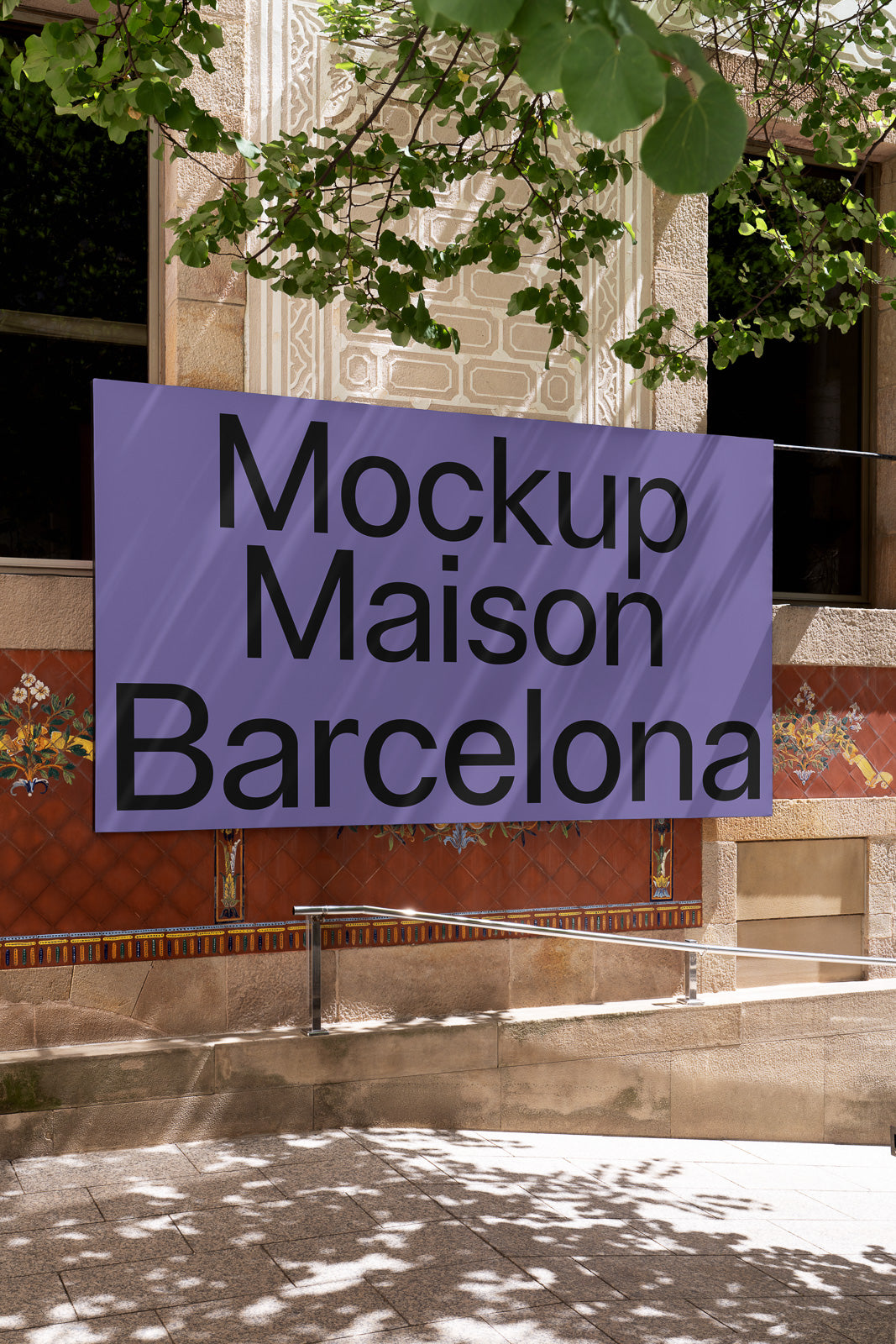 PSD mockup of a large purple banner with bold text hanging on the exterior of an ornate building, featuring intricate tile and stone details.