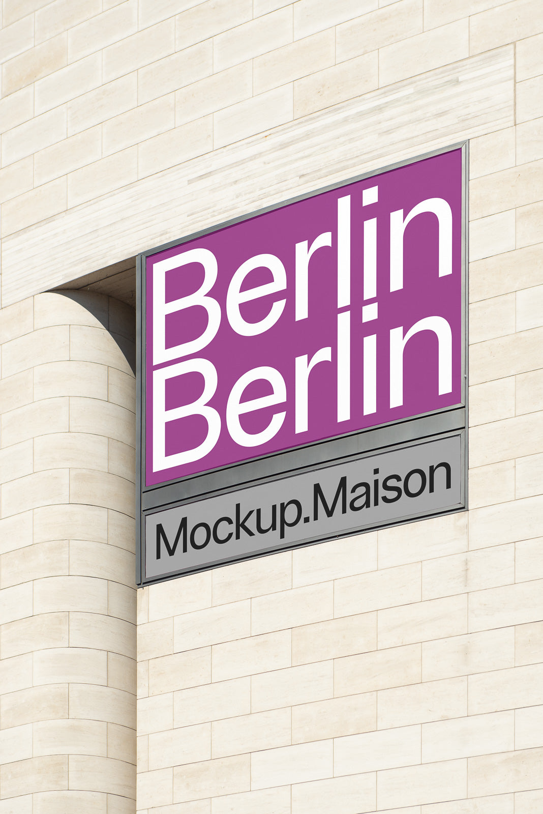 PSD mockup of a large wall-mounted sign with "Berlin Berlin" in bold white text on a purple background and "Mockup.Maison" below.