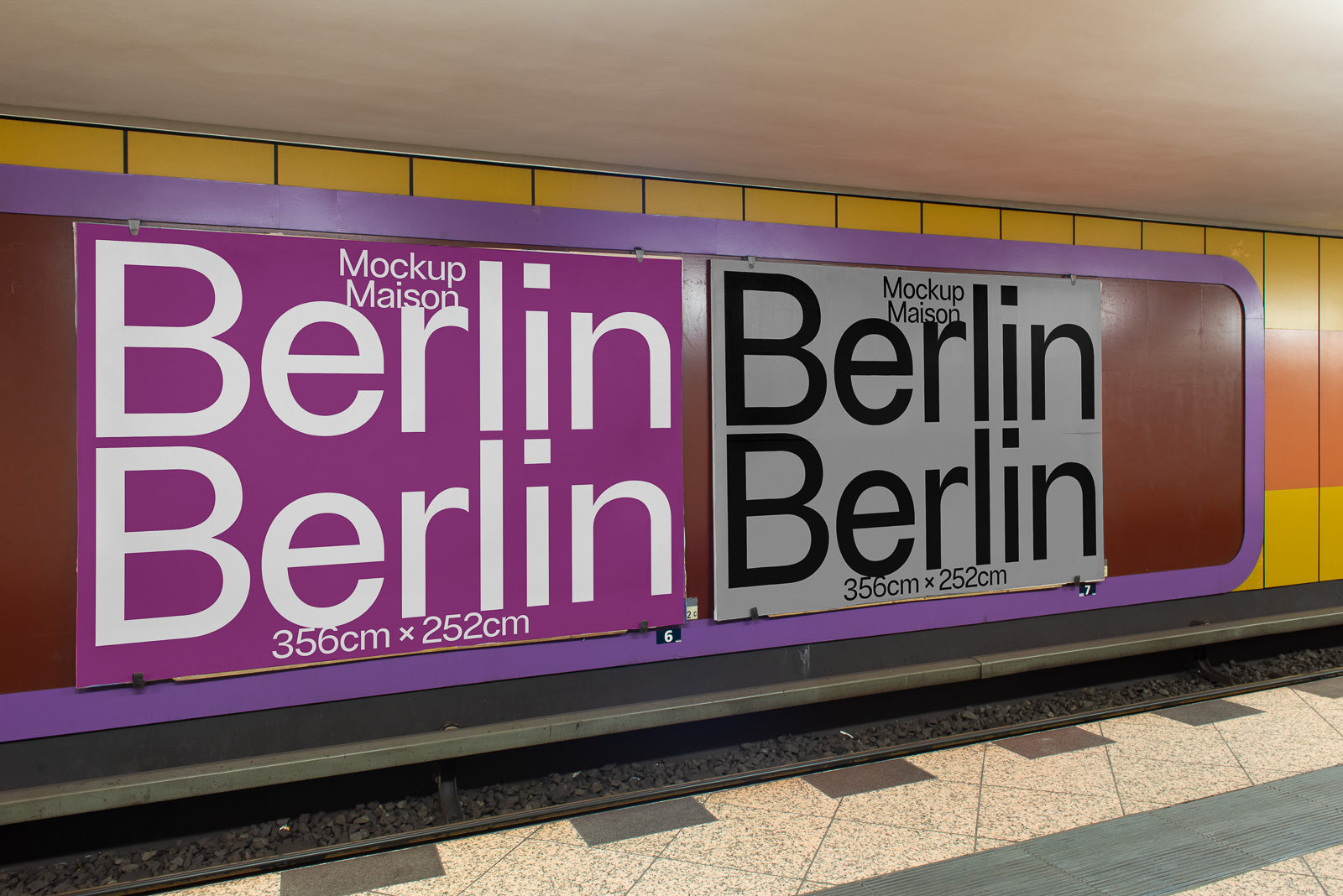 PSD mockup of two large posters on a subway platform wall, featuring the word "Berlin" in white and black text on purple and gray backgrounds, sized 356cm x 252cm.