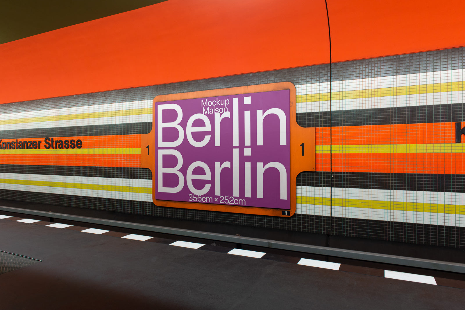 PSD mockup of a tiled subway wall with an orange and yellow striped design, displaying a large purple sign featuring the text "Berlin Berlin" in bold white letters.