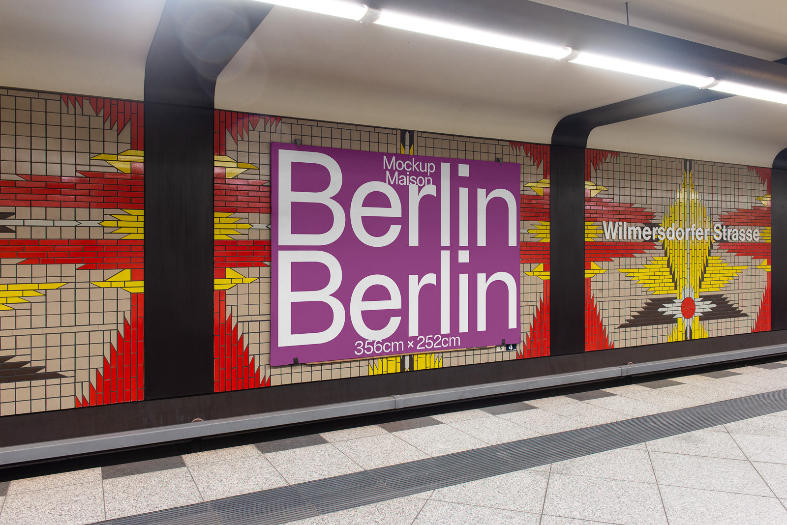 PSD mockup of a subway station wall with a large purple sign displaying the text "Berlin Berlin" over a colorful geometric tile background.
