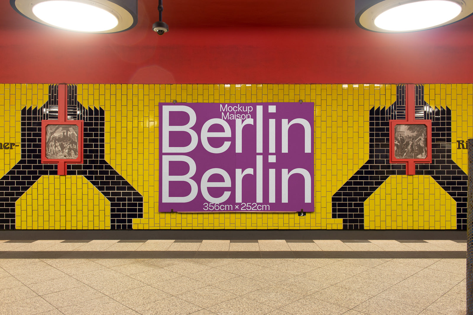 PSD mockup of a subway wall with a purple poster displaying bold white text "Berlin, Berlin" on a backdrop of yellow and black tiles.