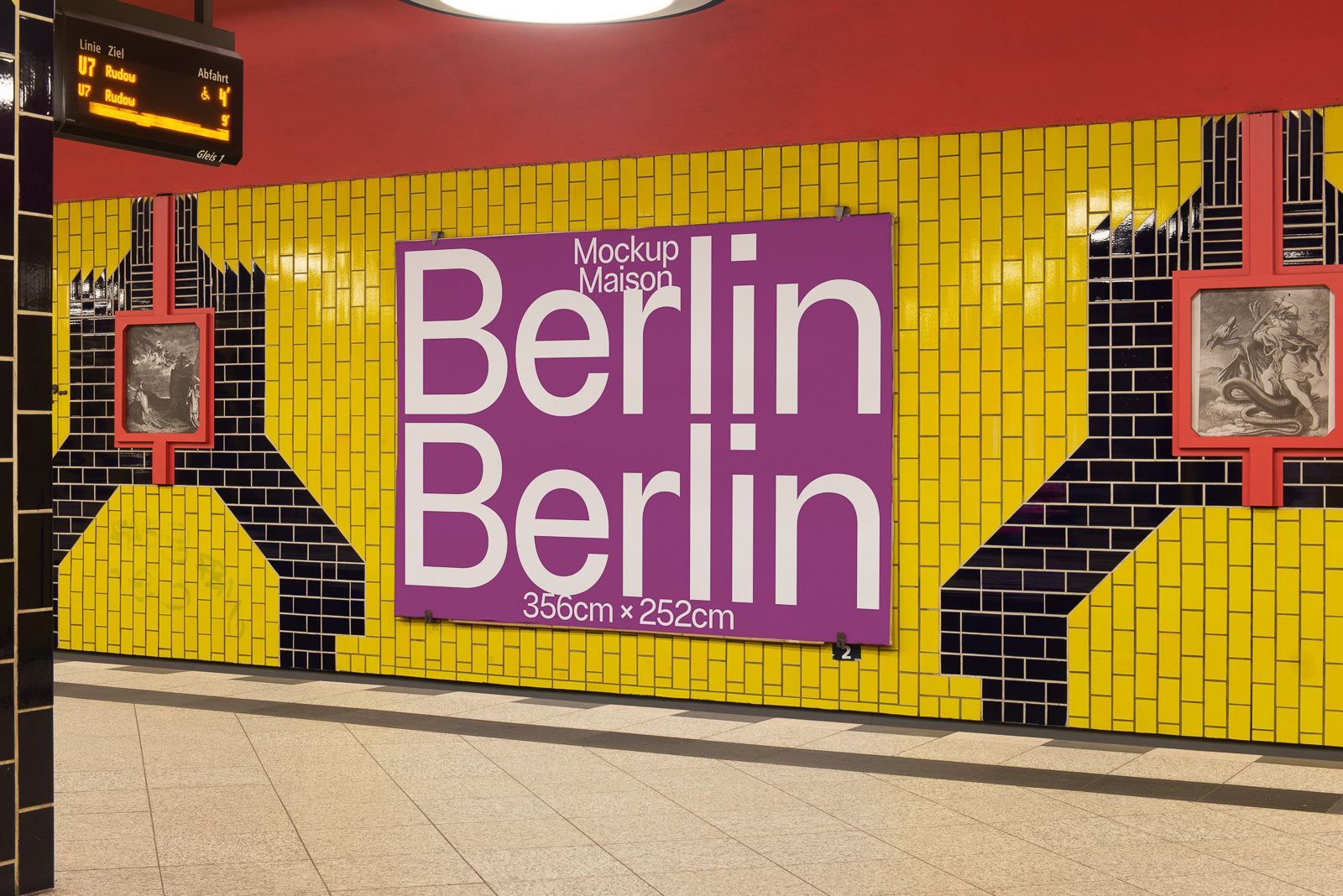 PSD mockup of a large purple poster with the word "Berlin" in a subway station, with yellow and black tiled walls and a digital sign nearby.