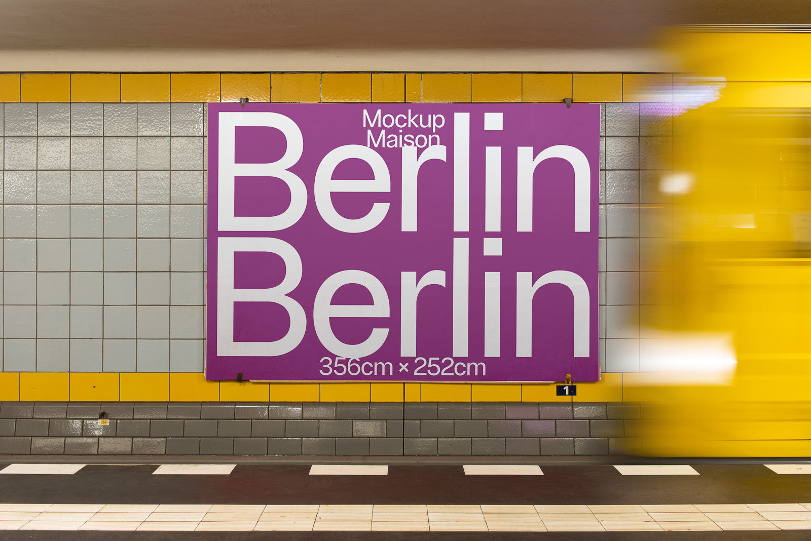 PSD mockup of a subway platform with a large purple poster displaying the text "Berlin Berlin" and measurements, beside a moving yellow train.