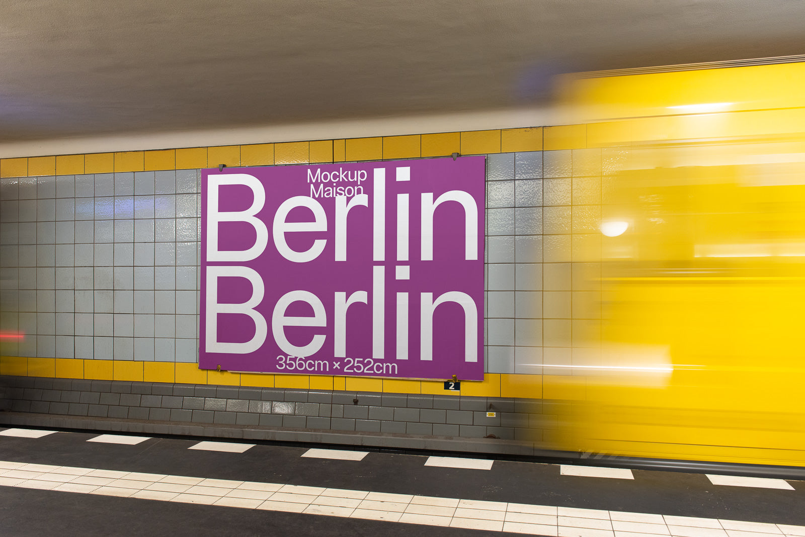 PSD mockup of a purple poster with large white text "Berlin Berlin" against a tiled subway wall as a yellow train passes by.