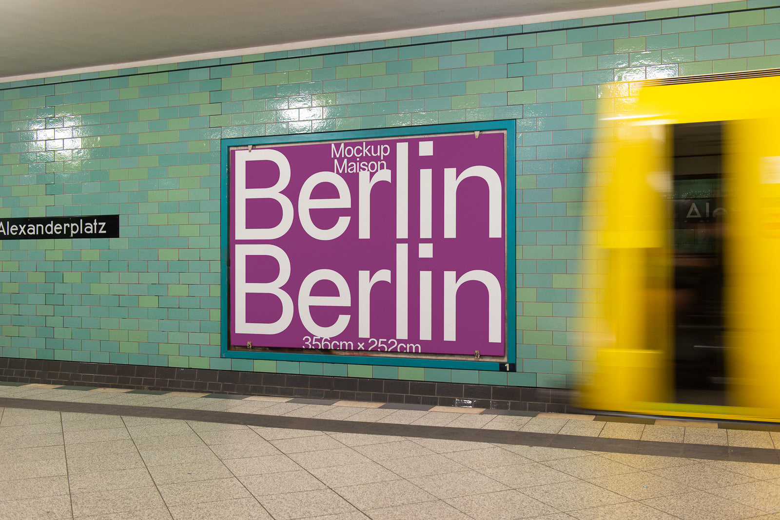 PSD mockup of a Berlin subway station with a large purple poster on a green tiled wall, featuring the words "Berlin Berlin."