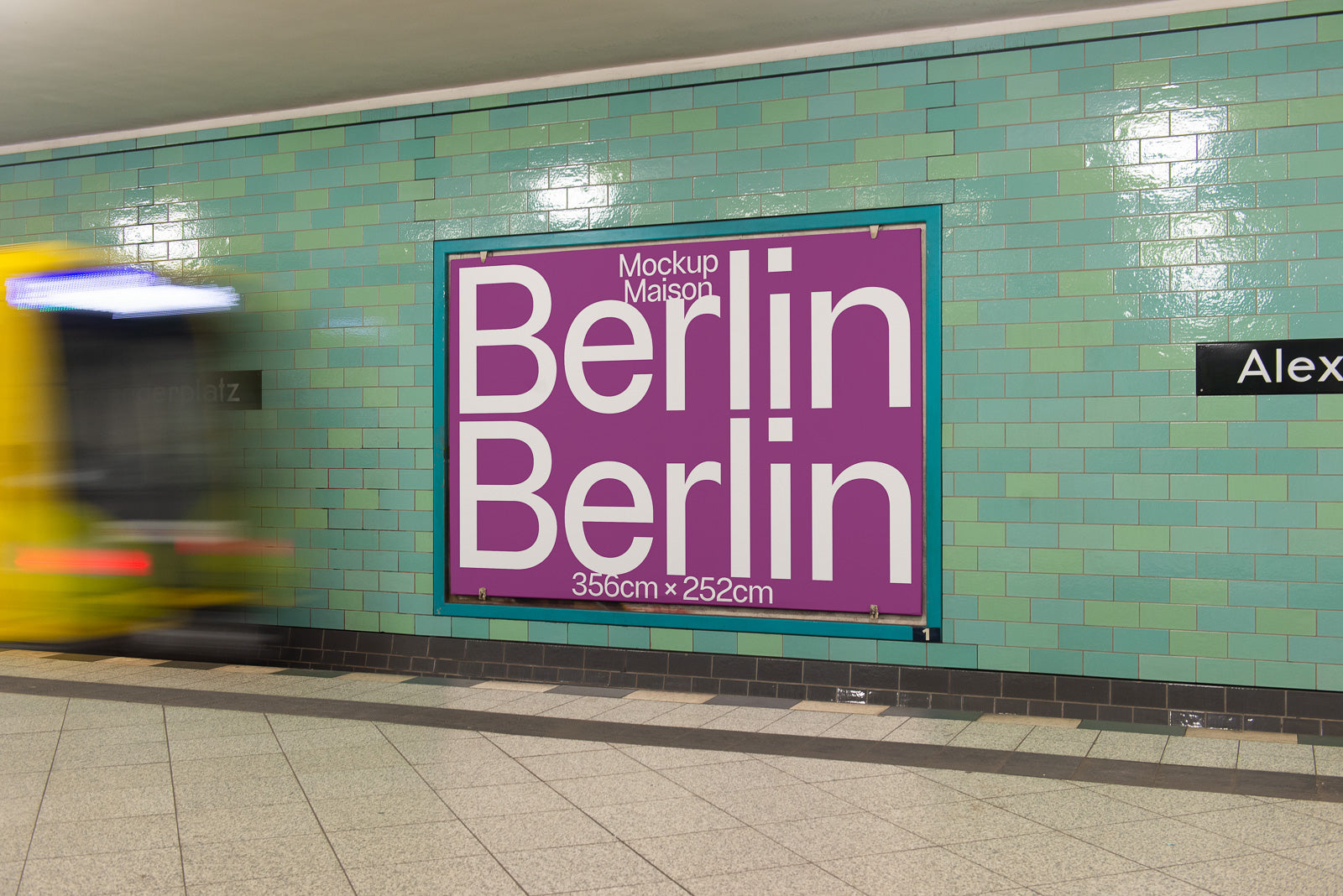 PSD mockup of a large purple billboard display with "Berlin Berlin" text, set against a tiled subway wall as a yellow tram speeds by.