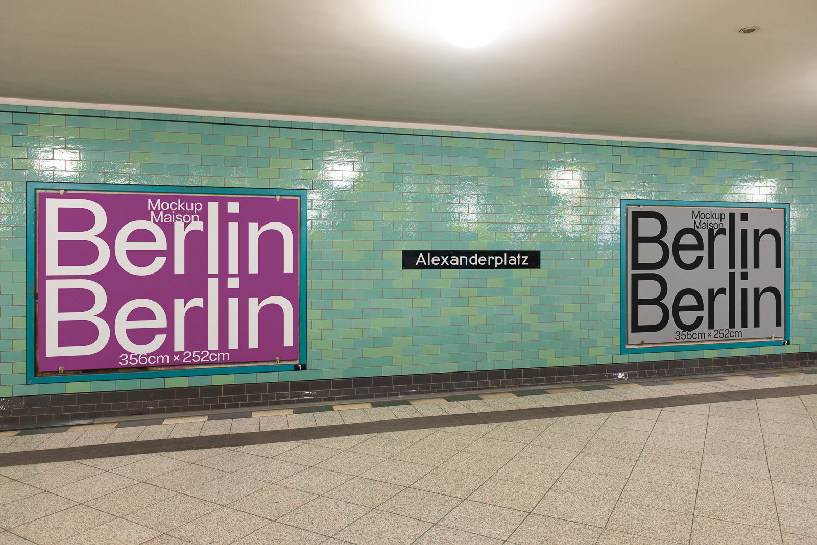 PSD mockup of two large Berlin posters displayed on a tiled wall at Alexanderplatz subway station, featuring bold typography and colorful design elements.