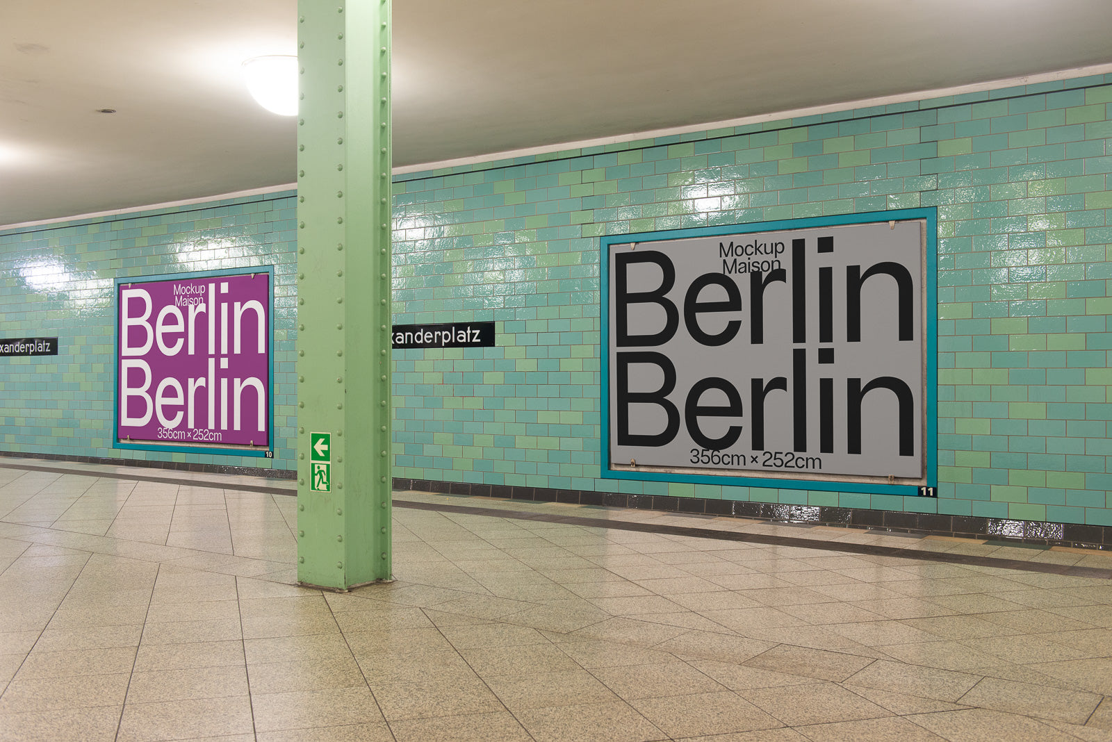 PSD mockup of two large posters on a tiled subway wall, featuring the word “Berlin” in bold text. The setting includes a sign for Alexanderplatz.