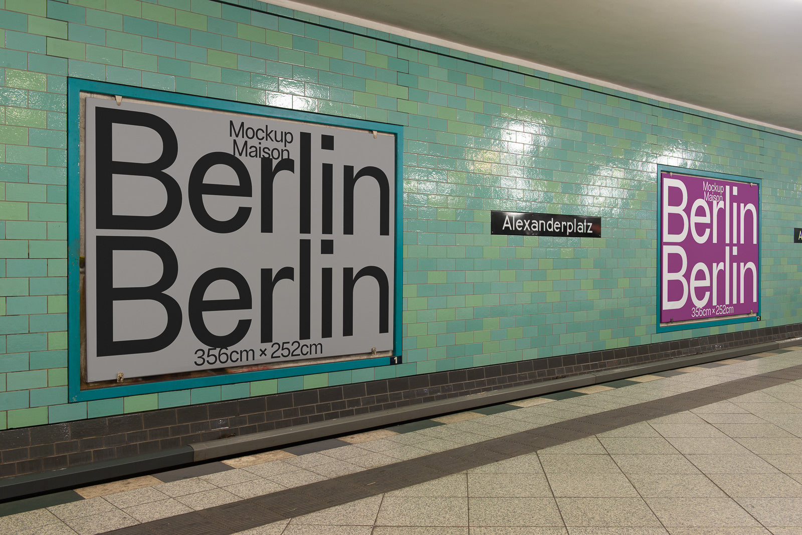 PSD mockup of Berlin posters in a subway station with turquoise tiled walls. One poster has a gray background, the other pink, both near an "Alexanderplatz" sign.