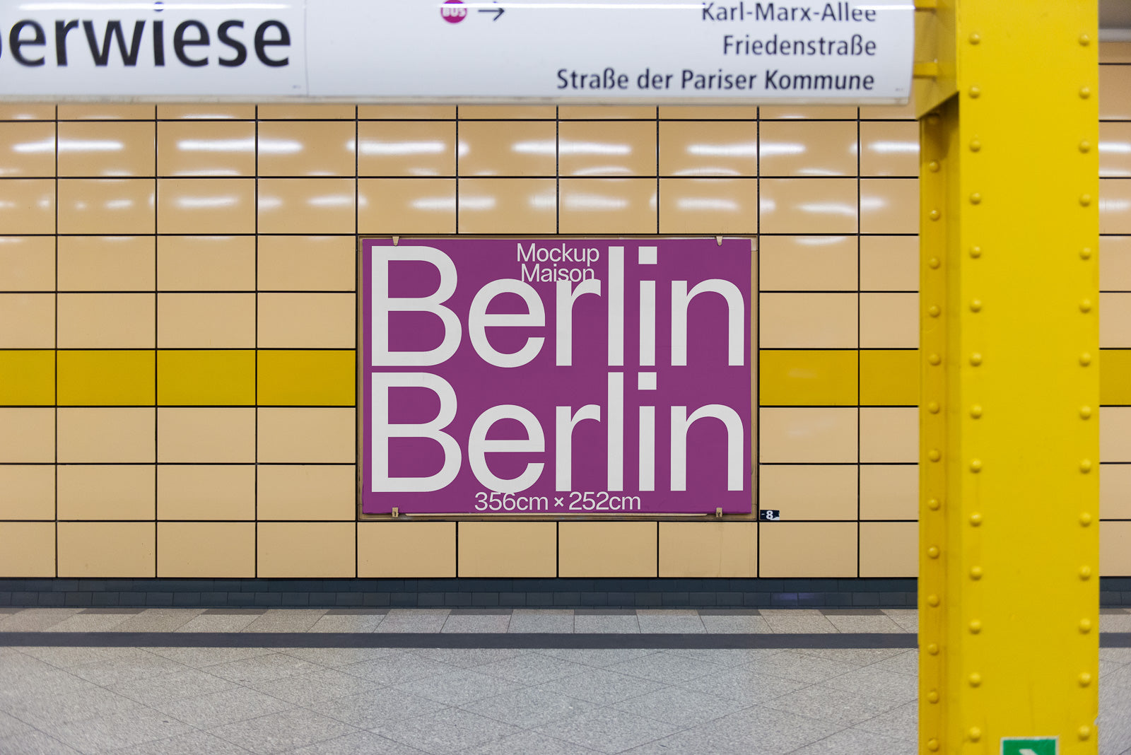 PSD mockup of a large pink and white sign reading "Berlin Berlin" with dimensions 356cm x 252cm displayed in a tiled subway station.