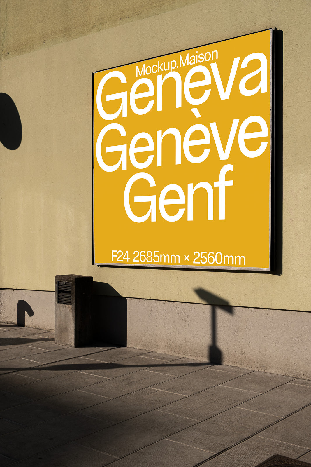 PSD mockup of a large outdoor billboard displaying three versions of the city name Geneva in white text on a yellow background with dimensions.