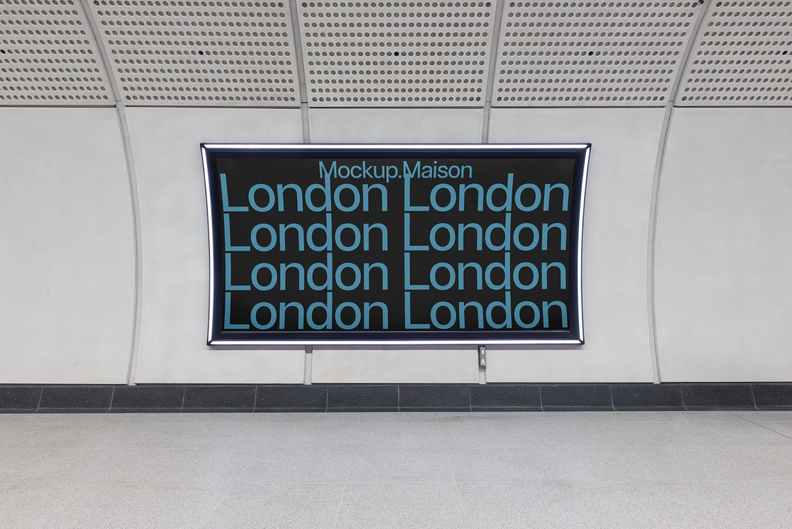 PSD mockup of a subway billboard featuring repetitive text "London" in blue against a dark background, set within a modern, tiled station.