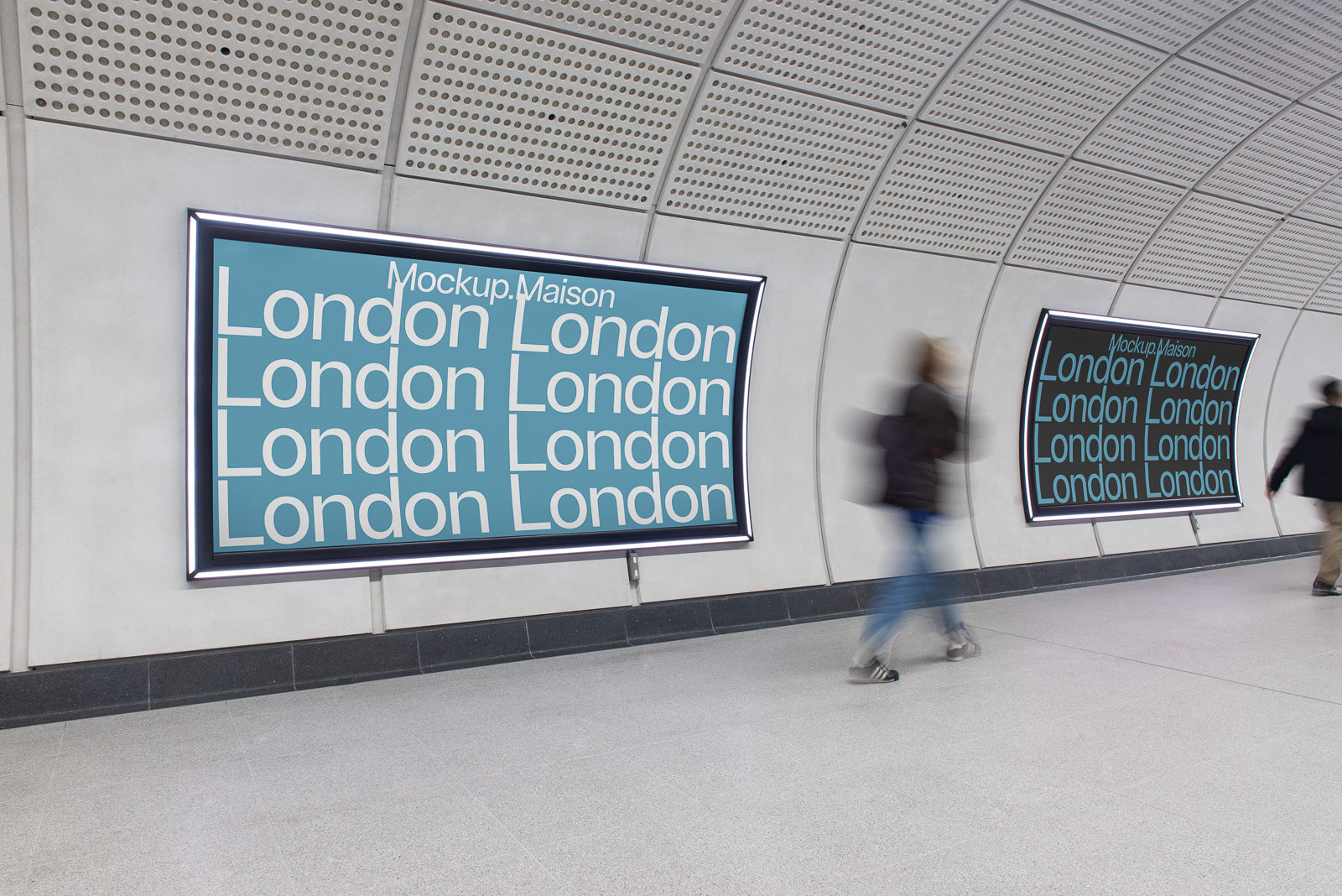 PSD mockup of a subway station with large wall posters displaying the word "London" multiple times in a modern font, walked past by blurred figures.