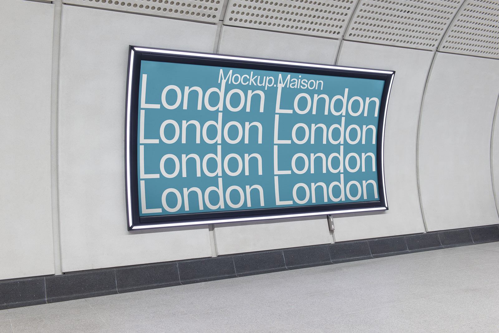 PSD mockup of a London underground station billboard with repeated text "London" on a blue background, framed by curved architecture.