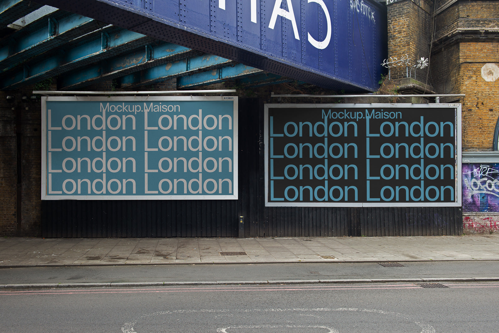 PSD mockup of two large billboard posters under a metal bridge, each displaying the word "London" repeatedly in a modern font.