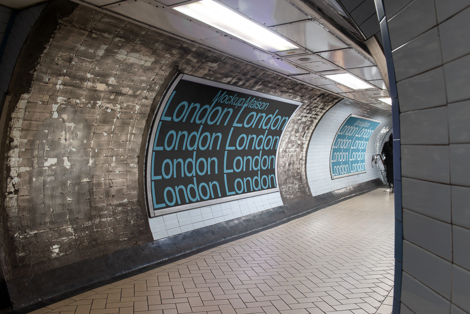 PSD mockup of a subway corridor with repeated "London" posters on tiled walls, featuring a modern urban design in light blue text against a dark background.