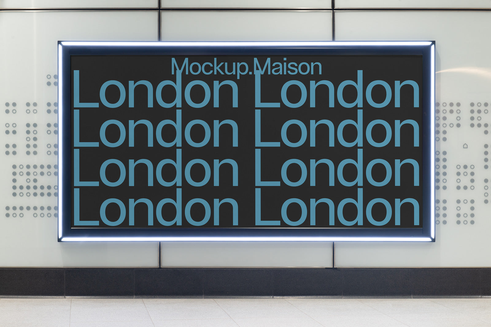 PSD mockup of a sleek, illuminated black poster featuring repeated blue text "London" and branding "Mockup.Maison" in a modern setting.
