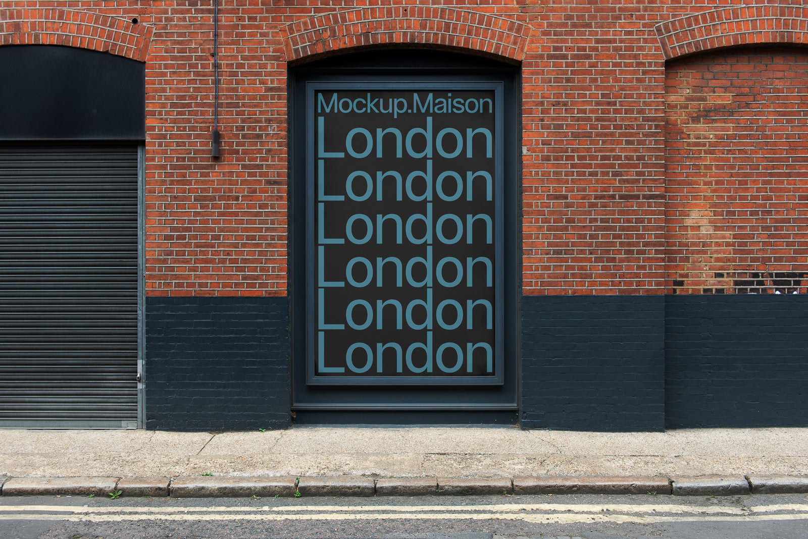 PSD mockup of a brick building facade featuring a window display with the word "London" repeated in blue text on a dark background.