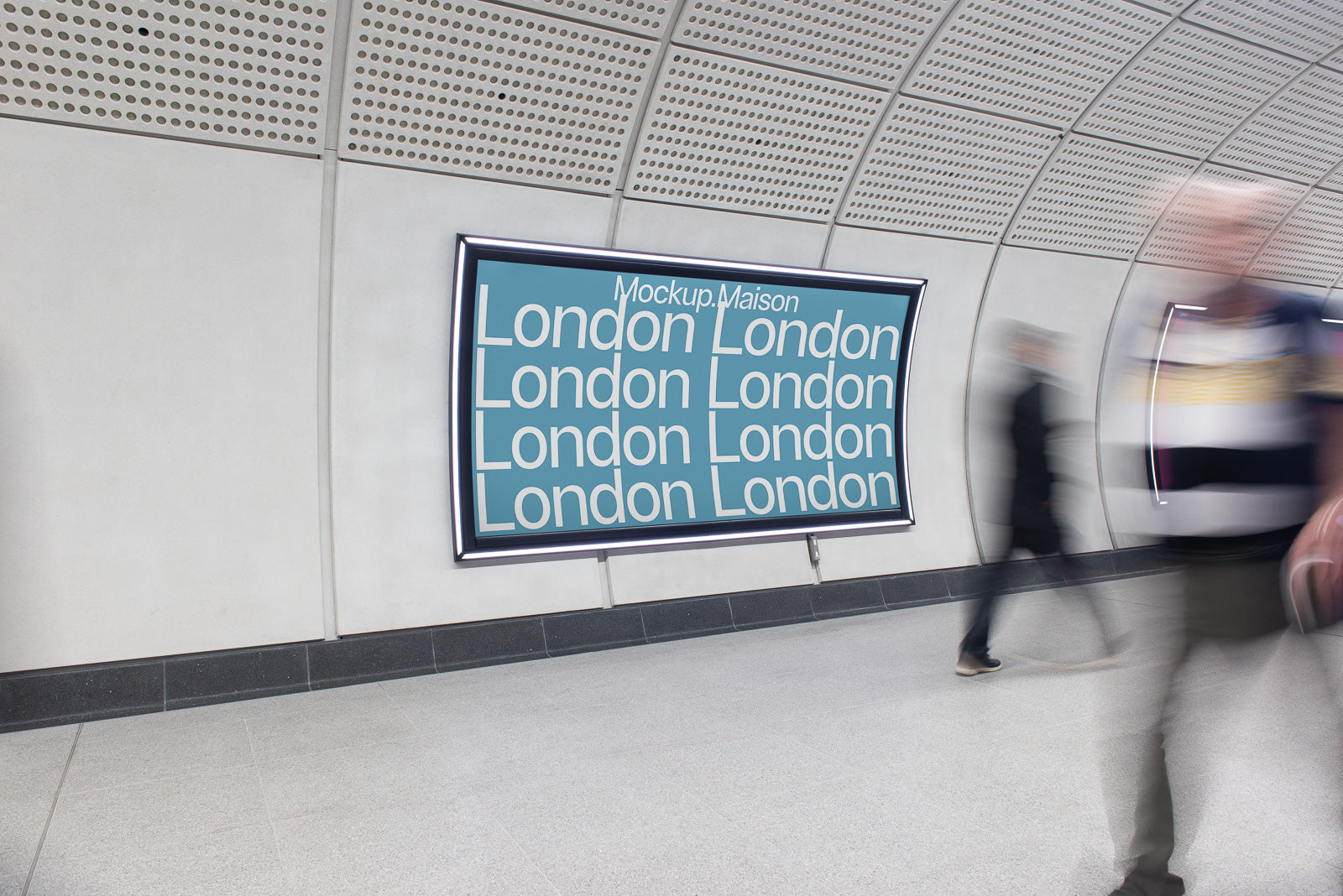 PSD mockup of a blue subway poster featuring the word "London" repeated in white text, displayed on a curved wall with blurred pedestrians walking by.