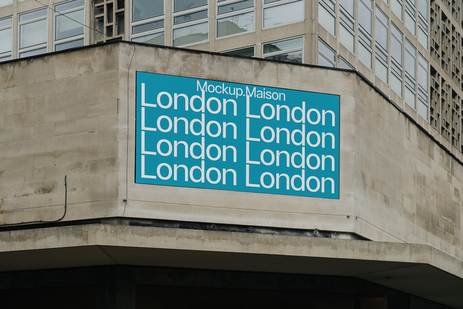 PSD mockup of a large building facade with a turquoise billboard displaying the word "London" repeatedly in white text, creating a modern urban aesthetic.