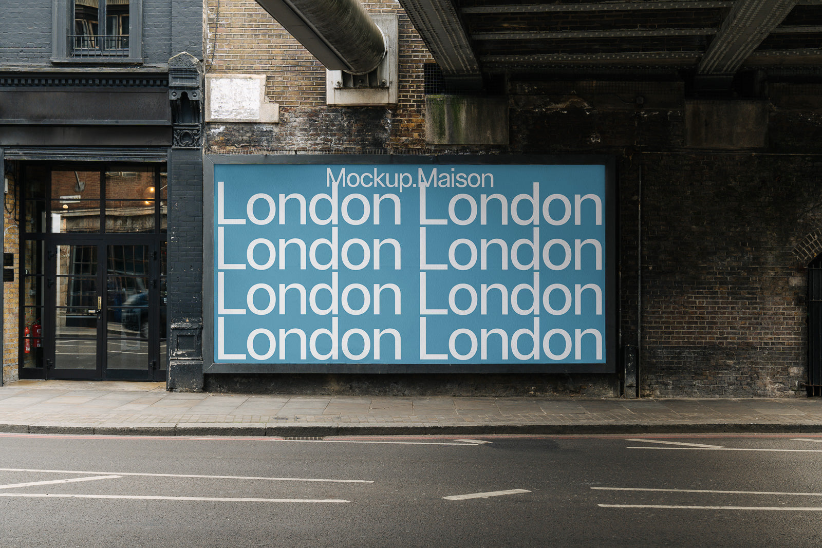 PSD mockup of a large outdoor billboard displaying the word "London" repeatedly on a blue background, placed under a bridge.