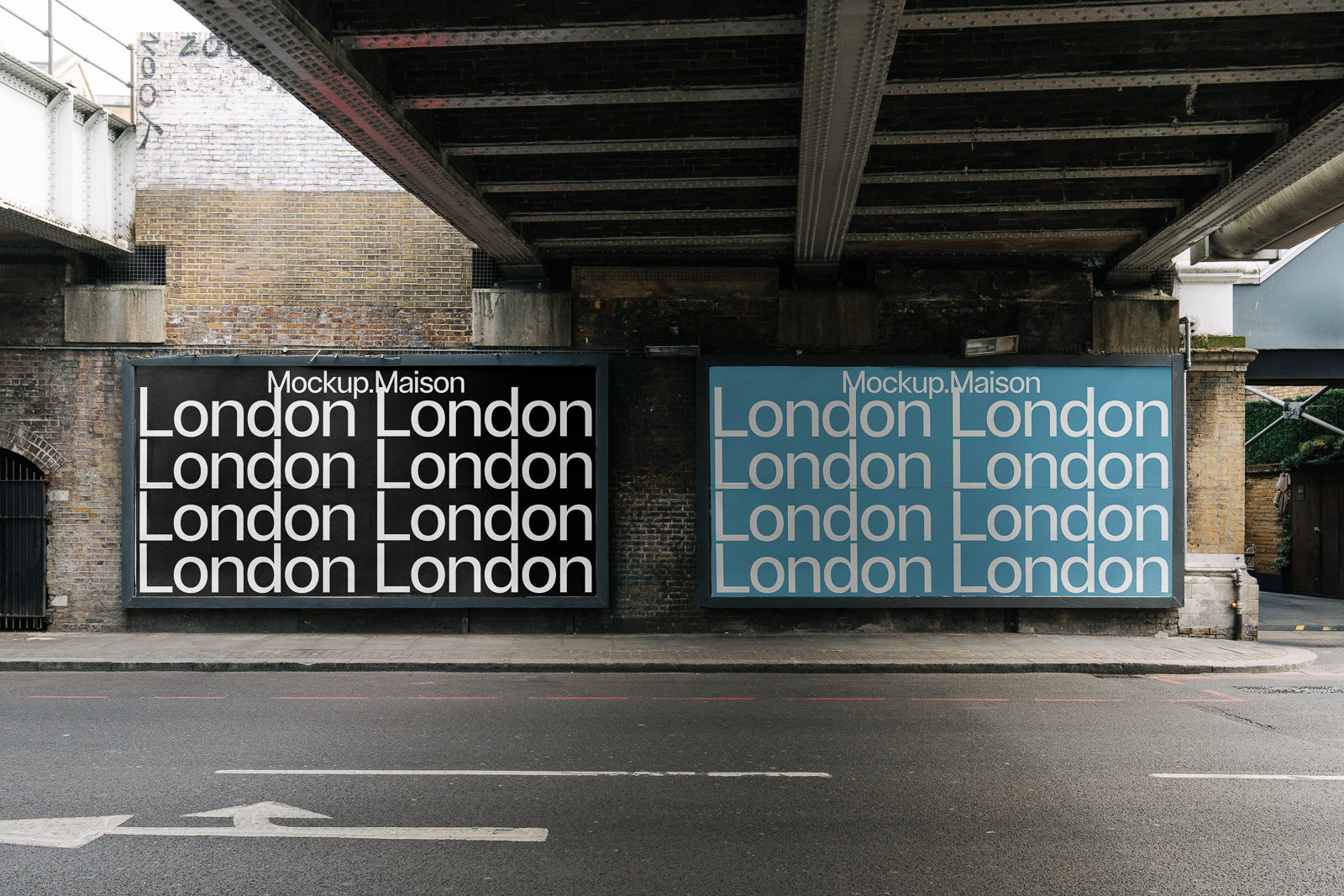 PSD mockup of two large posters under an urban bridge, repeatedly displaying the word "London" in white on black and blue backgrounds.