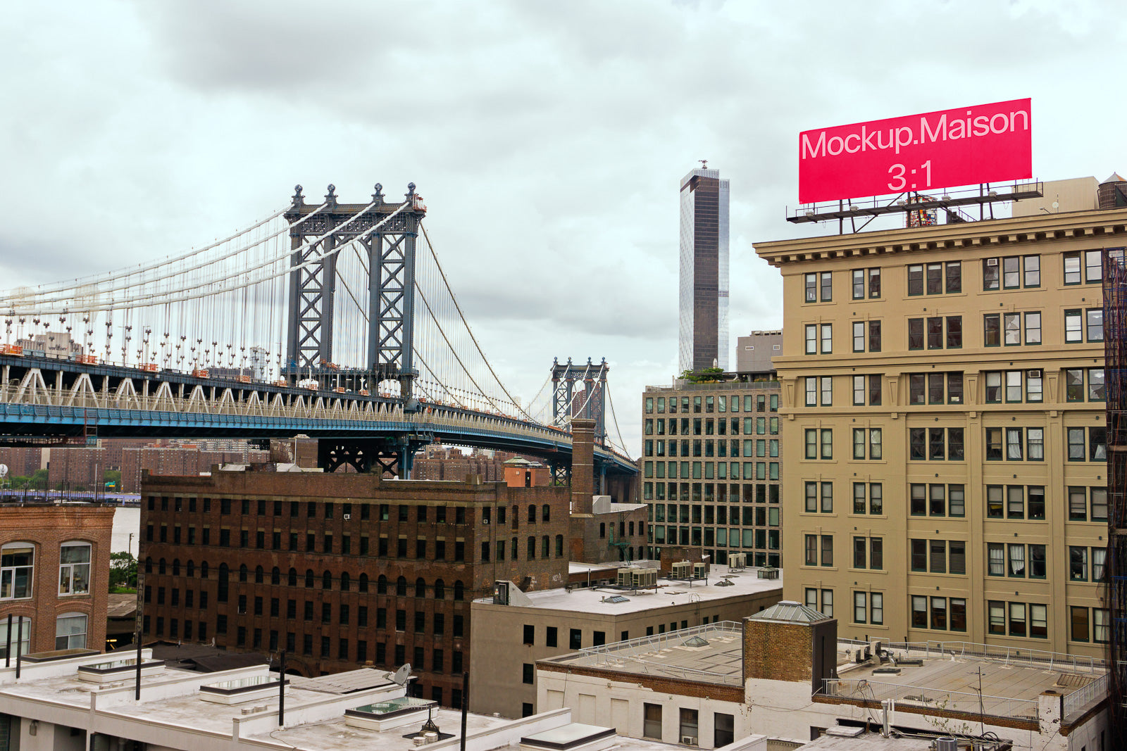 PSD mockup of a cityscape featuring a suspension bridge and a tall building with a large, pink billboard labeled "Mockup.Maison 3:1."