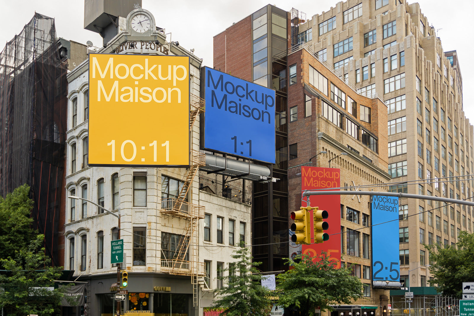 PSD mockup of urban street scene with multiple colorful billboards on buildings, displaying text and aspect ratios like 10:11 and 1:1.