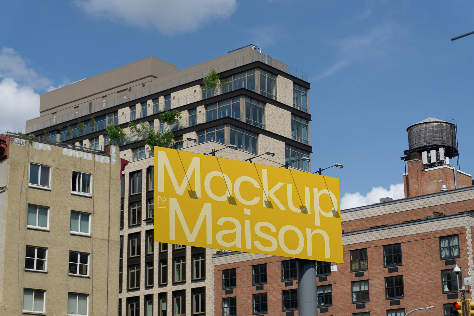 PSD mockup of a yellow billboard displaying the text "Mockup Maison" against an urban backdrop of modern buildings with a clear blue sky.