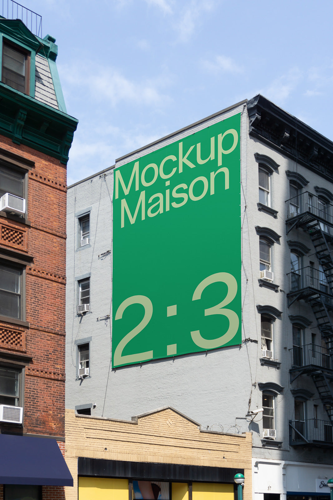 PSD mockup of a large green outdoor wall billboard on a city building facade with text "Mockup Maison 2:3".